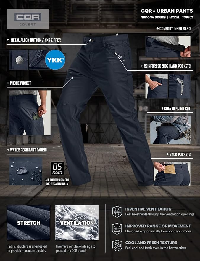 CQR Men's Vent Stretch Pants, Quick Dry Lightweight Casual Cargo Pants, Water Resistant Straight-Fit Utility Work Pants