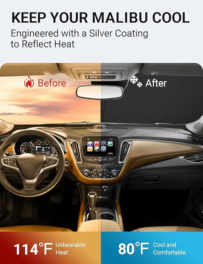 Proadsy Custom Fit Chevrolet Malibu 2016-2024 2025 Windshield Sun Shade 4-Layer Foldable Front Sunshade Protector Sun Visor Blocks UV Rays Keep Car Cooler