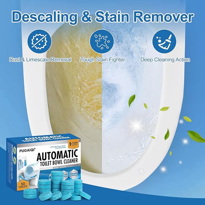 Toilet Bowl Cleaner Tablets Blue Toilet Tank Cleaners, Septic-Safe Hard Water Stain Remove, Automatic Toilet Cleaning & Deodorizer Effervescent Stain & Odor Remover Bathroom， Fresh Scent 50 Tabs LLL