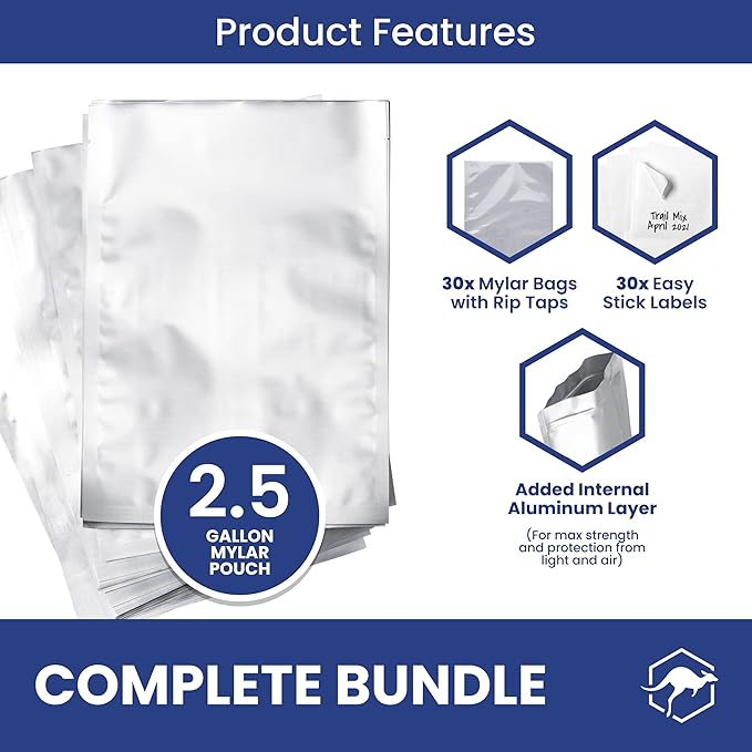 Wallaby 30 Count 2.5-Gallon Mylar Bags with Labels, 5 Mil Total Thickness Long-Term Food Storage Pouches, 12x18 Heat-Sealable Airtight Packaging - Silver