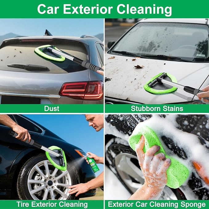 XINDELL Windshield Cleaner Tool – Upgrade Large Head Car Interior&Exterior Window Cleaning Kit with Extendable Handle & 4 Microfiber Pads, Auto Wiper Brush for Car, Trucks, SUVs, RVs & Home Windows