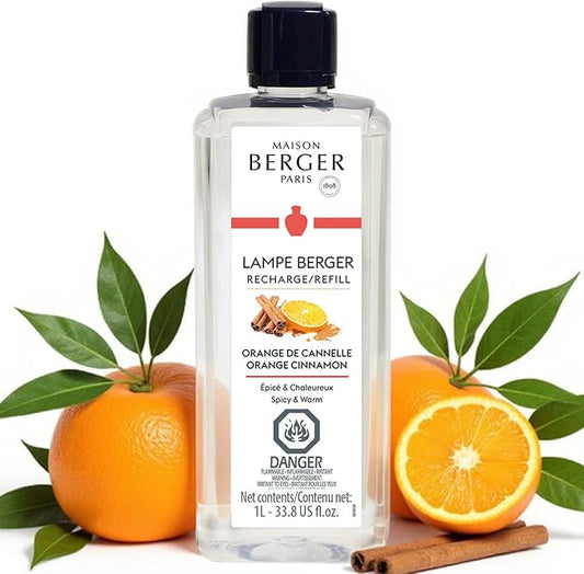 Maison Berger Orange Cinnamon Fragrance Refill – 1 Liter (33.8 fl oz) Oil for Lampe Berger Diffuser, Air Freshener Spicy Warm Aroma, 160 Hours Diffusion, French Perfumery Since 1898