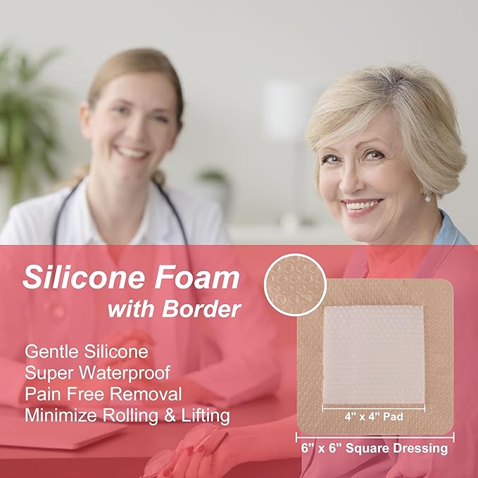 Silicone Bordered Foam Dressing 6" x 6", Pack of 10 Individual Sterile Pads, Gentle Adhesive, Water Resistant, Highly Absorbent, Reduce Sacr, for Pressure Ulcer