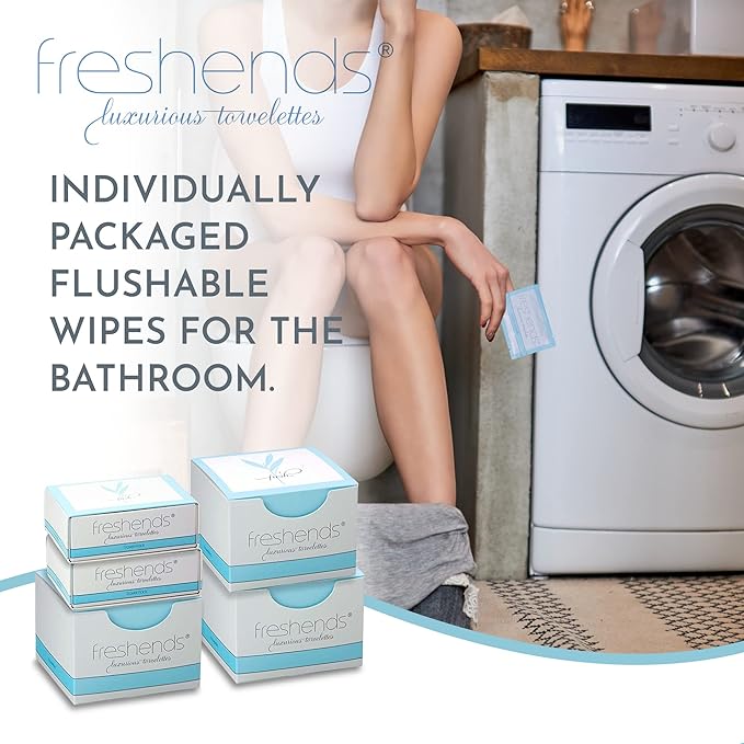 Freshends Flushable Individually Wrapped Wipes – 100 Bulk Pack Luxurious Towelettes, Guest Bathroom Essentials for Weddings, Restaurants, Bars & Clubs – Blue, Travel-Size, Disposable