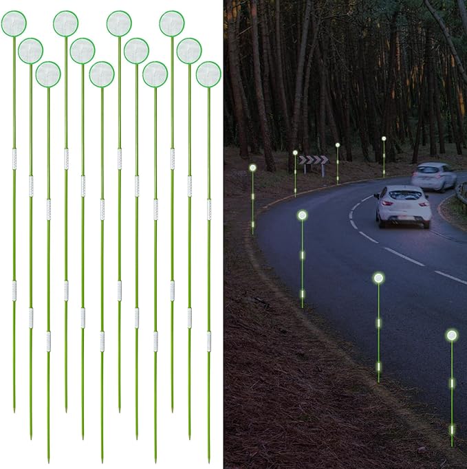 12Pcs Driveway Markers - Glow-in-The-Dark Lane Recognition Reflectors, 49.5Inch Fiberglass Pole Double Sided Reflectors for Driveway, Reflective Markers for Snow Plowing