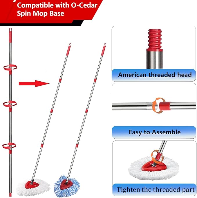 Mop Handle Replacement,4 Section Compatible with O-Cedar Spin Mop Refills 30"" to 58"" with 1 Mop Head Basee Fits O-Cedar EasyWring 1 Tank Spin
