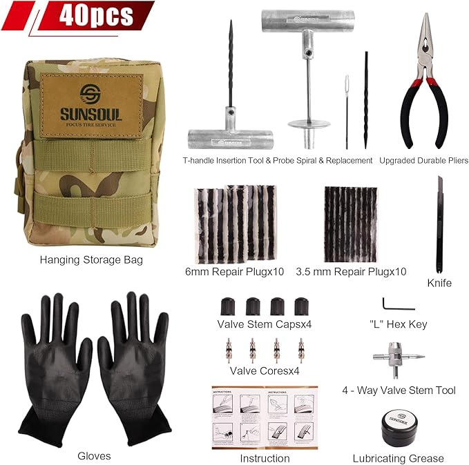 SUNSOUL Heavy Duty Tire Plug Kit, 40Pcs Off Road Emergency Puncture Repair for SUV, Truck, ATV, UTV, Tractor & Motorcycle - Fast Seal Tire Repair Kit with Tools (Include Insertion Tool)