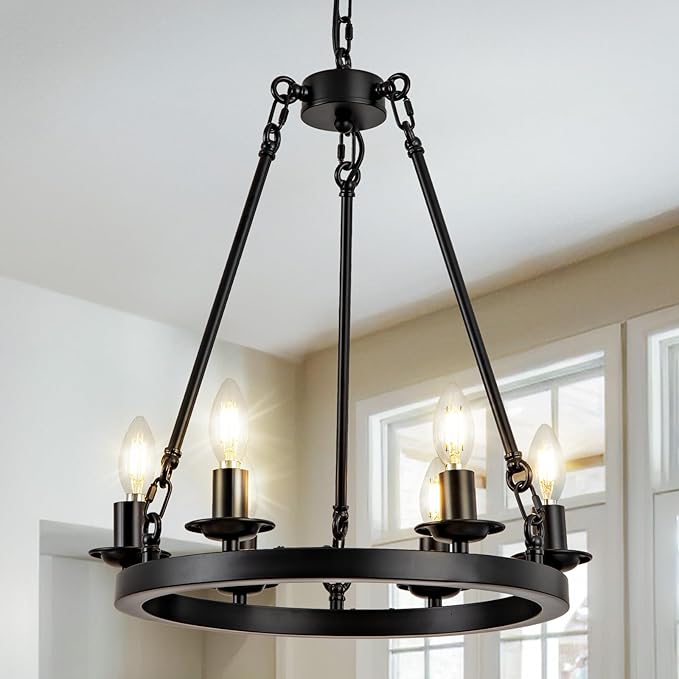 Wagon Wheel Chandelier, 6-Light Black Modern Rustic Farmhouse Chandelier Adjustable Height Pendant Kitchen Light for Ceiling Hanging Dining Room, Living Room, Entryways, Foyer