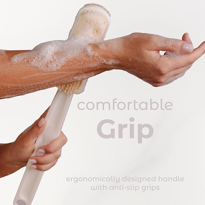 MainBasics Back Scrubber for Shower – Long Handle Dual-Sided Brush for Body Wash & Scrubbing with Exfoliating & Soft Bristles (White, Plastic)