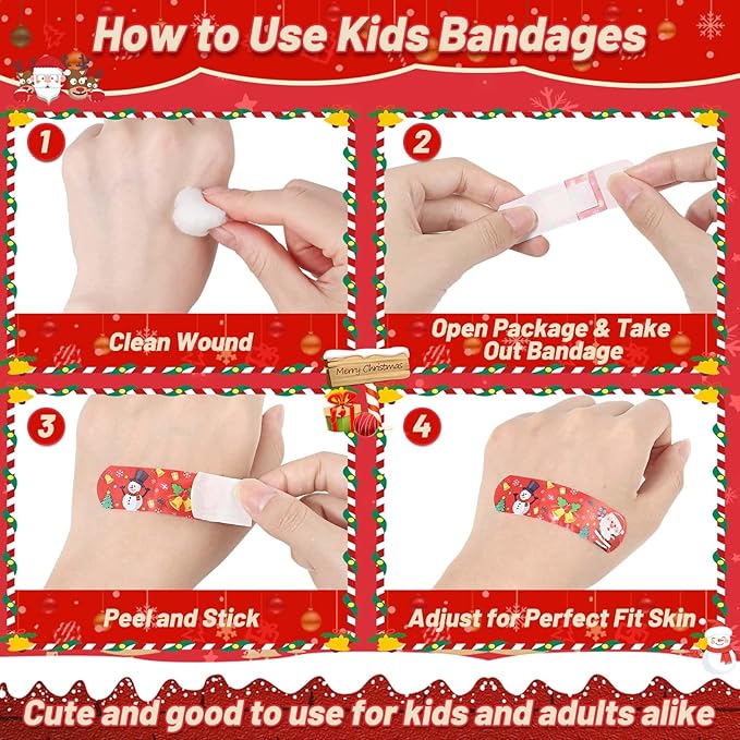 300 Pcs Christmas Kids Bandages 33 Style Cute Cartoon Santa Claus Bandage Flexible Breathable Christmas Character Bandages Strip Protect Cuts for Girls Boys Children Toddlers (Santa Claus)