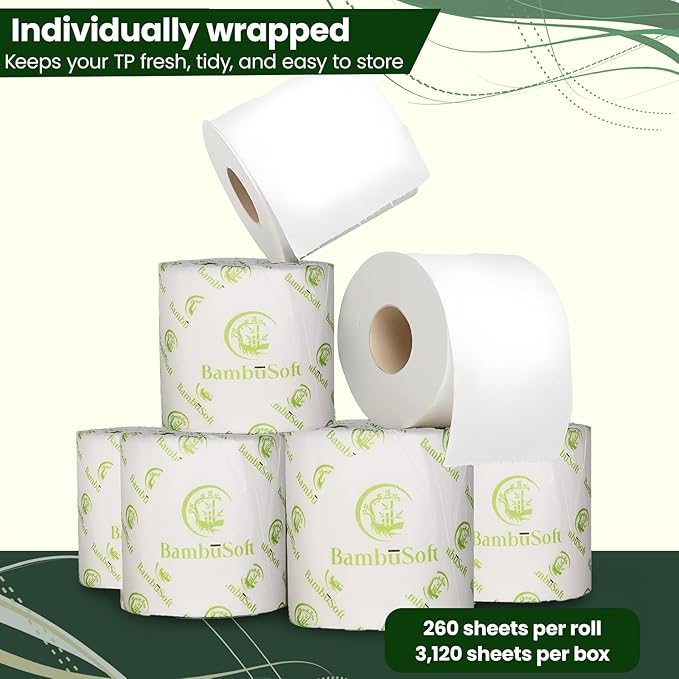 100% Unbleached Bamboo Toilet Paper – Eco Friendly & Sustainable - 12 Family Sized Large Rolls, Ultra Soft, Durable, Septic Safe – Super Strong 3 Ply Biodegradable Bathroom Tissue