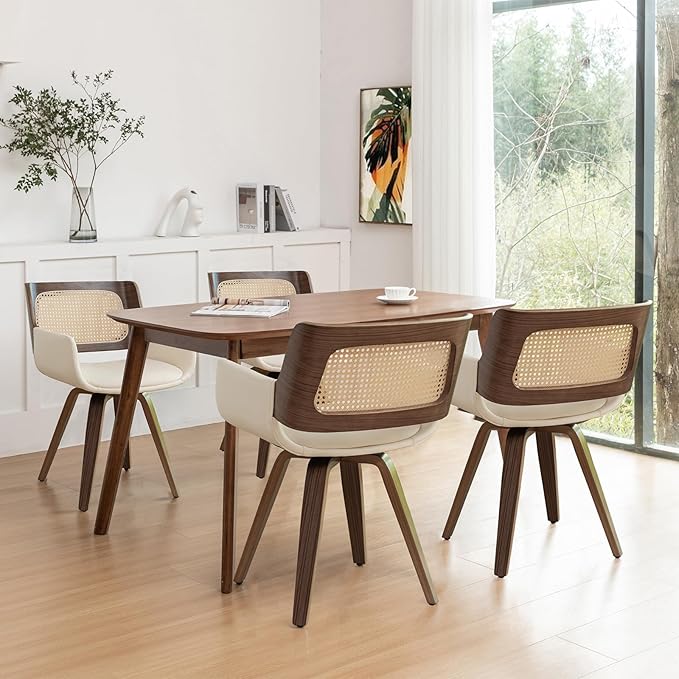 Set of 1 Swivel Dining Chair - Swivel Walnut Dining Chair with Ergonomic Cane Back, Bentwood Frame, Curved Arms, MCM Dining Chairs for Kitchen/Conference/Restaurant/Living Room (Walnut Beige)