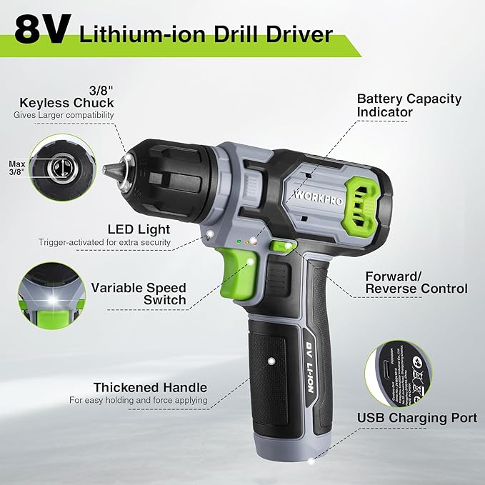 WORKPRO 8V Cordless Drill Driver Kit with 53pcs Bit Set, 2.0Ah Electric Drill with 3/8" Keyless Chuck and Variable Speed Trigger, Portable for Home Improvement, DIY