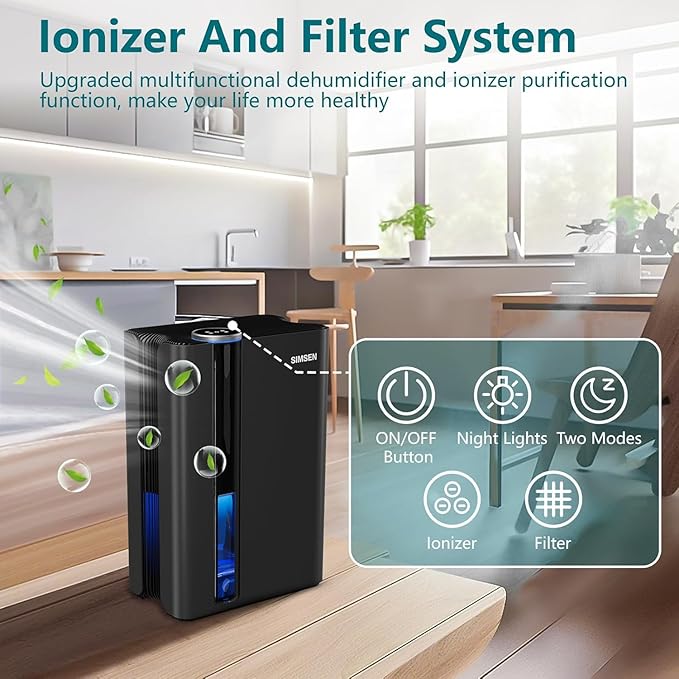 SIMSEN 95oz Dehumidifiers for Home, 800 sq ft Quiet Small Dehumidifier with Drain Hose, Dehumidifiers for Bedroom Bathroom Basements Closet RV (Black)