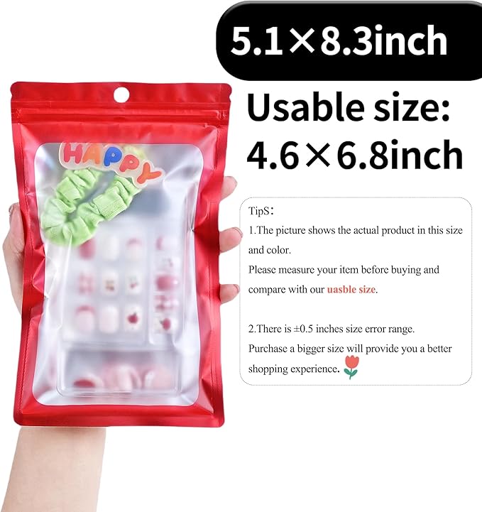 100 Pack Resealable Plastic Bags for Food Storage, Zipper Bags with Clear Front Window, Packaging Pouch for Small Business (Red, 5.1x8.3 inch)