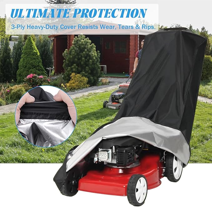 Outdoors Lawn Mower Cover - Heavy Duty 600D Polyester Oxford Waterproof, Dust UV Protection Universal Lawn Mower Cover with Drawstring & Cover Storage Bag (Black)