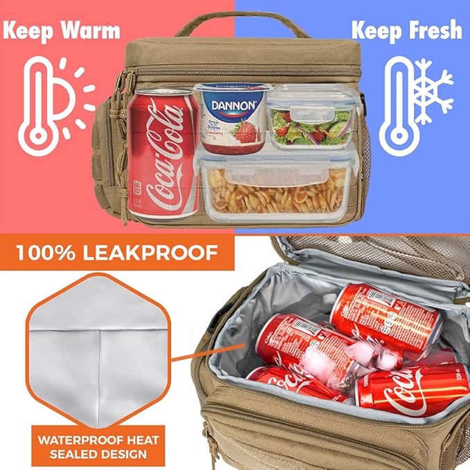 opux Tactical Lunch Box for Men, Tan Mens Insulated Lunch Bag for Adult, Leakproof Soft Lunch Cooler with MOLLE Mesh Side Pockets, Multicam Heavy Duty Lunchbox Pail for Work Women, Medium 10 Cans
