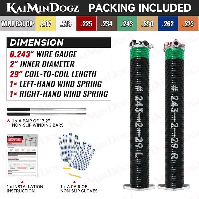 Pair of 2" Garage Door Torsion Springs Set with Non-Slip Winding Bars & Gloves, High Quality Precision Electrophoresis Black Coated, for Replacement & Installation, MIN 16,000 Cycles (0.243x2''x29'')