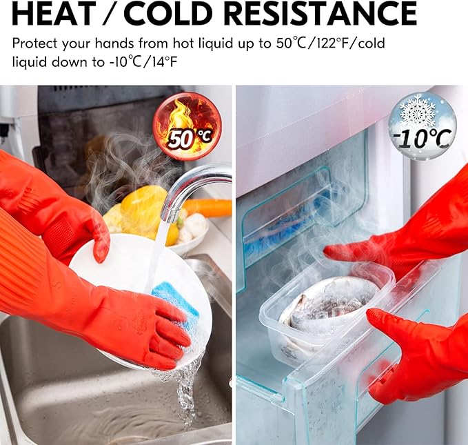 Vgo... 1-Pair Dishwashing Gloves, Reusable Household Gloves, Kitchen Gloves, Long Sleeve, Thick Latex, Cleaning, Washing, Working, Painting, Gardening, Pet Care (Size M,Red, RB2143)