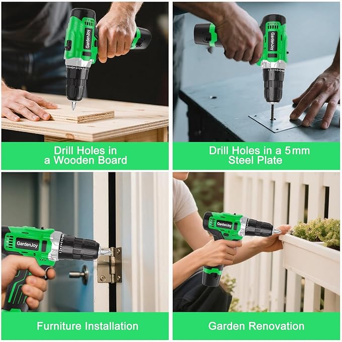 12V Cordless Power Drill Set, Electric Drill with Battery and Charger, 35pcs Acessories, 3/8"Keyless Chuck, 2 Variable Speed, 24+1 Position, Compact Drill Driver Kit for Home & DIY Project(green）