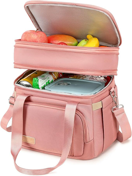 Lunch Box for Men Women - Double Deck Insulated Lunch Bag, Large Leak Proof Tote Cooler, Wide Open Dual Compartment Lunch Bags with Shoulder Strap, For Work Picnic Hiking Beach, Pink