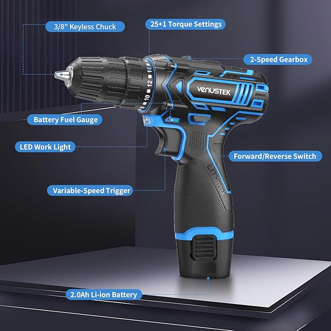 Cordless Drill Set 12V Power Drill with Battery and Charger, 2-Speed Electric Drill with 3/8" Keyless Chuck