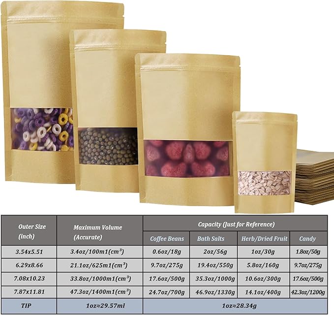 100 PCS Resealable Bags, Stand Up Kraft Paper Bags with Matte Window, Zipper Lock Food Storage Bags for Small Business and Home, 7.87 * 11.81 Inches Reusable Sealable Bags for Packaging