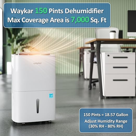 Waykar 150 Pints 2025 Energy Star Dehumidifier for Spaces up to 7,000 Sq. Ft at Commercial and Industrial Large Room, Warehouse, Storage, Home, Basement, with Drain Hose, Auto Defrost, Self-Drying