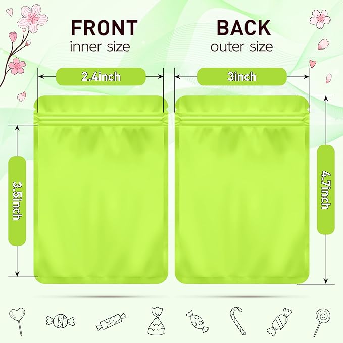 Funfery 100 Pack Green Mylar Packaging Bags Resealable Bags Double Sided Color Odor Proof Pouch Baggies Smell Proof Foil Bag for Food Storage,Small Business(Green,3x4inch)