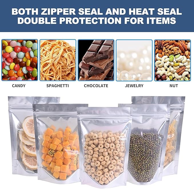 50 Pack Resealable Reusable Mylar Bags Stand Up Zipper Aluminum Foil With Clear Front Window 5"X7" for Food Storage Heat Seal Pouches Small Business Home Multipurpose