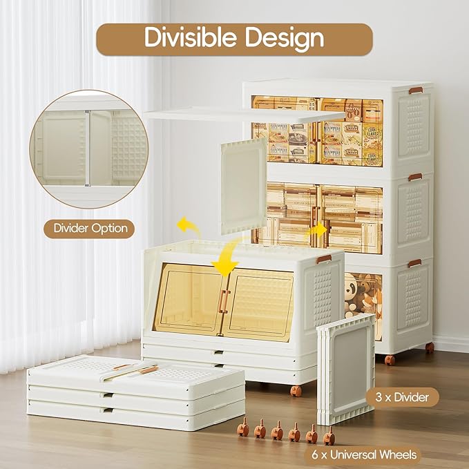 JEKO&JEKO 608Qt Foldable Storage Bins with Lids, Doors & Dividers, Stackable Plastic Drawers with Wheels for Home, Closet & Garage Organizer, 3 Pack, Cream