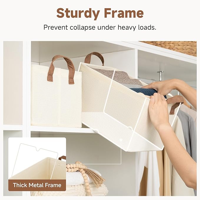 StorageWorks Storage Bins, Shelves Baskets for Organizing, Fabric Closet Organizers with Handles, Metal Frame, Beige（Texture）, 2-Pack