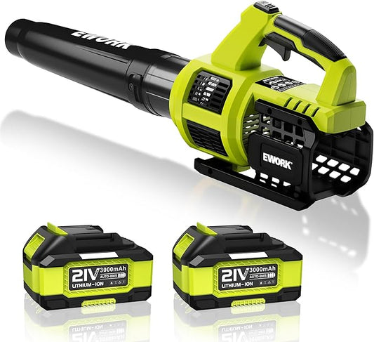 EWORK 21V Cordless Leaf Blower, Powerful Turbo Mode & 550 CFM, 2×3.0Ah Batteries & Fast Charger, Lightweight Electric Leaf Blowers for Lawn Care, Patio, Leaves & Dust