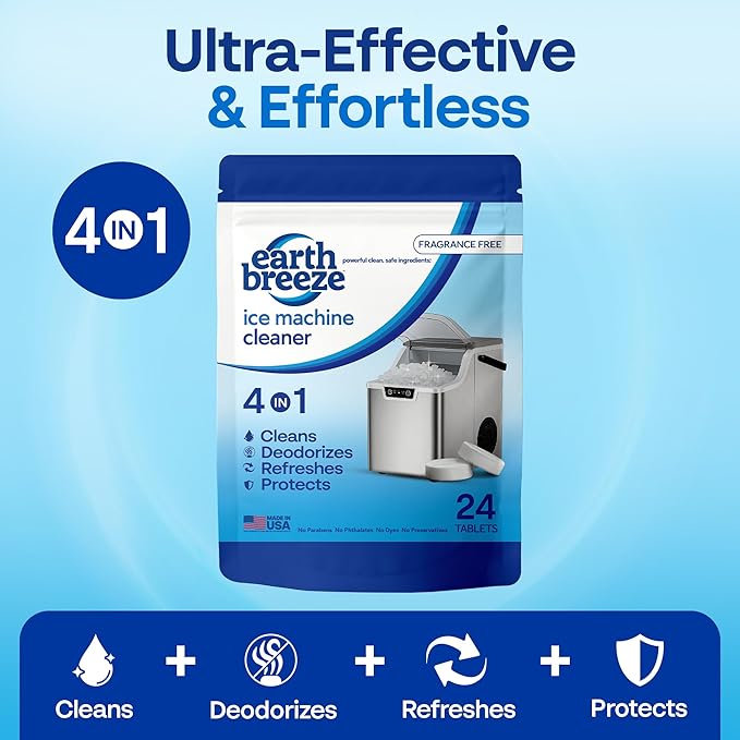 Earth Breeze Ice Machine Cleaner Tablets - 4-in-1 Cleans, Deodorizes, Refreshes & Protects – Fragrance Free, No Harsh Chemicals – Ice Maker Cleaner for Countertop & Commercial Machines - Made in USA