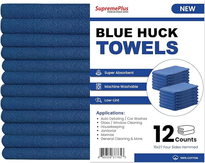 Premium Blue Huck Towels – (12 Pack) 15 x 27 inches 100% Cotton Bulk Towel for General Cleaning, Auto Shop, and Hospital Use, Super Absorbent, Machine Washable Cloth