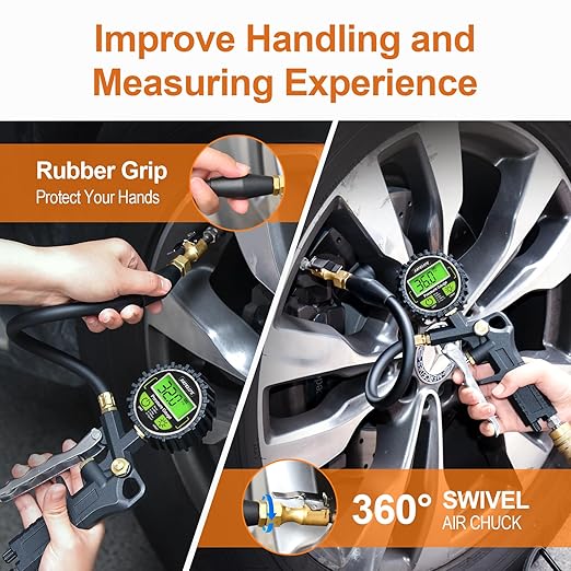 SAFELIFE Digital Tire Pressure Gauge with Inflator, 250 PSI Air Chuck with Pressure Gauge and Air Compressor Tire Inflator Attachment Include Quick Connect Coupler, 0.1 Display Resolution