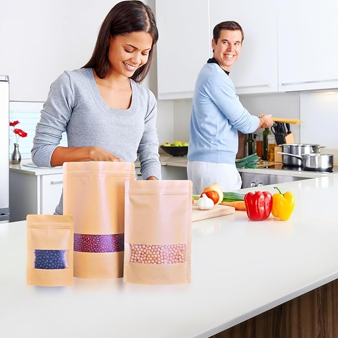 50 Pcs 5.5" x 8" Kraft Paper Bags with Window,Reusable Small Stand Up Pouches for Food Storage,Resealable Zipper Packaging Bags for Small Business, Coffee, Candy, Cookie, Snacks, Tea