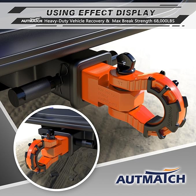 AUTMATCH Shackle Hitch Receiver 2" with 3/4" Mega D Ring Shackle and 5/8" Trailer Hitch Lock Pin, 68,000 Lbs Break Strength Heavy Duty Receiver Towing Kit for Off-Road Vehicle Recovery, Orange
