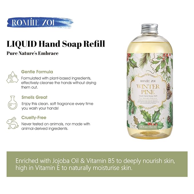 ROMIIE ZOI Christmas Liquid Hand Soap Refill-Winter Pine Soap Refill- Infused with Sweet Pine Aroma, Gentle & Moisturizing Formula for Home & Kitchen, 750 ML/ 26 FL OZ