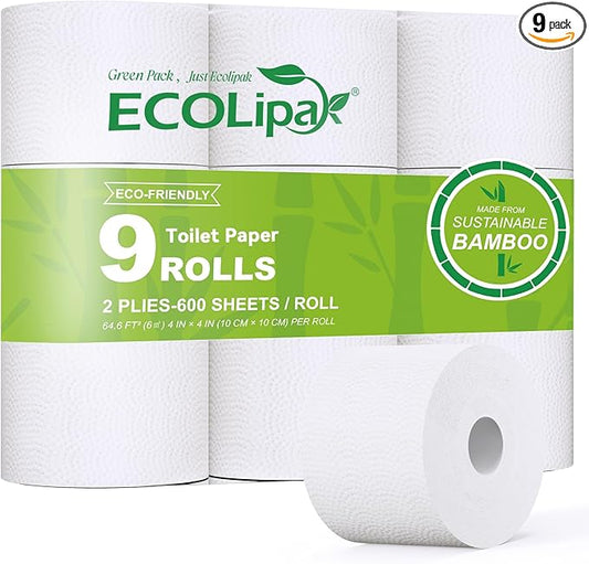 ECOLipak Bamboo Toilet Paper, Septic Safe Toilet Tissue, 9 Mega Rolls, 600 Sheets Per Roll, Tree Free, Non Toxic, 2 Ply, Soft and Absorbent, Eco Friendly Dye-Free Paper