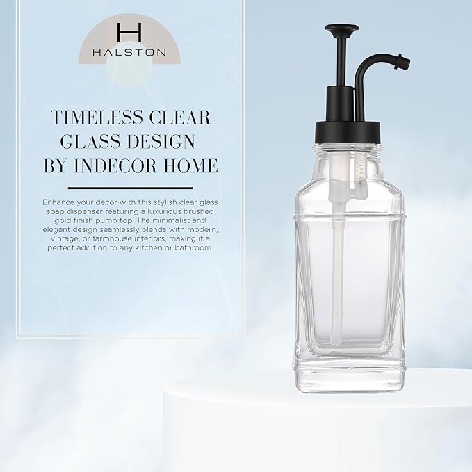 Clear Glass Soap Dispenser with Matte Black Dispenser Pump, Modern Refillable Pump for Bathroom, Kitchen, or Office, Elegant Accent Piece for Interior Decoration