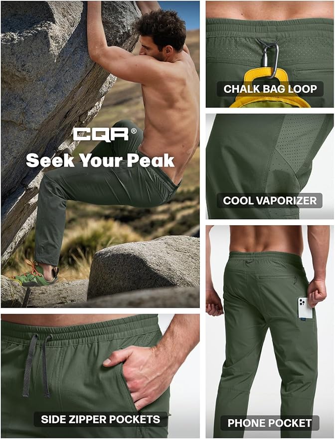 CQR Men's Lightweight Vent Hiking Pants, Water-Resistant & Breathable Sports Outdoor Athletic Pants with Elastic Waist
