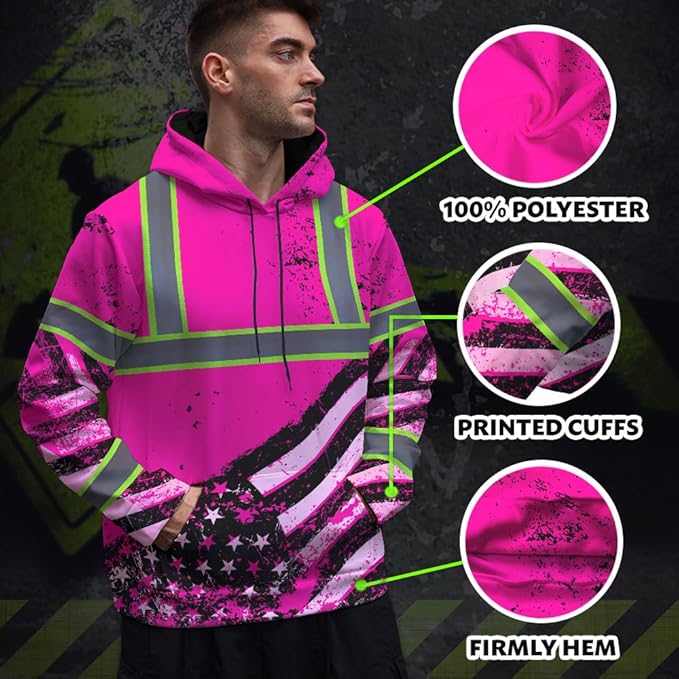 Color US Flag High Visibility Hoodie for Men Women Reflective Tapes Safety Workwear for Worker Runner Patriotic