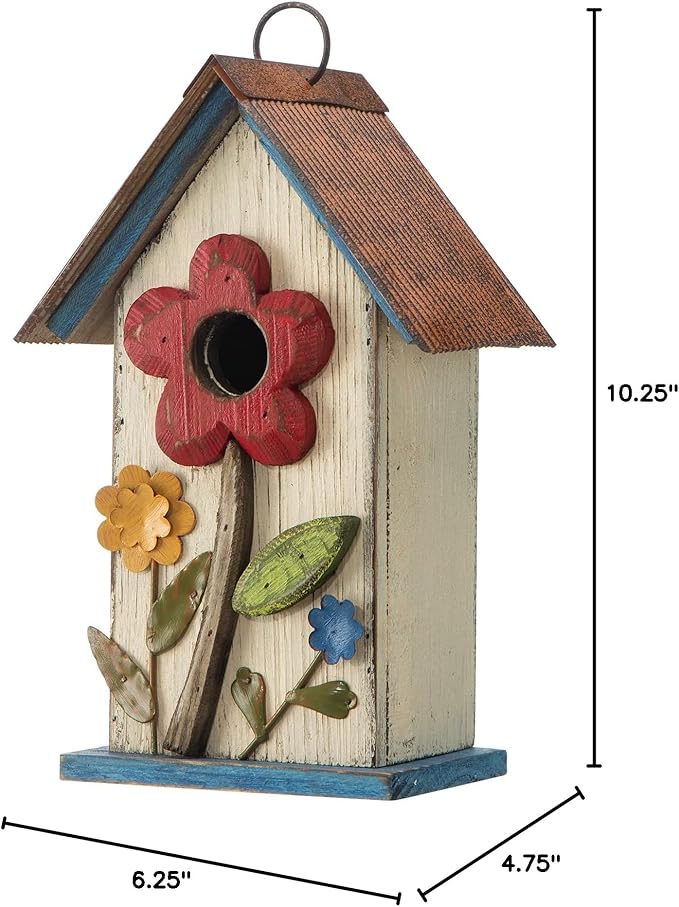 Glitzhome 10.2" H Hanging Bird House for Outdoor Patio Garden Decorative Birdhouse Pet Cottage Wooden Distressed Birdhouse, Flower Rustic White