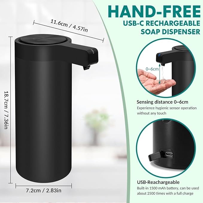 Automatic Soap Dispenser Stainless Steel with Sensor Infrared 9 oz. Soap Dispenser Electric IPX5 Waterproof USB-C Charging Motion Sensor for Kitchen & Bathroom (Black)