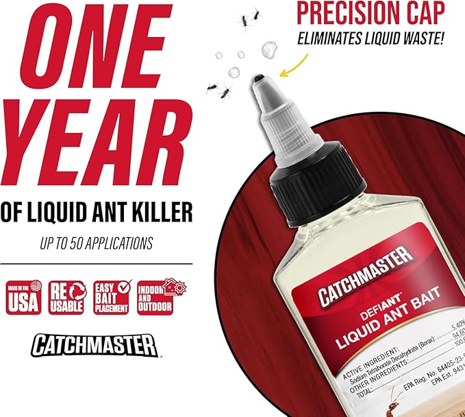 Catchmaster DEFIANT Premium Liquid Ant Killer, 1-Year Supply, Kills the Queen and Colony, No Mess Precision Bottle, Reusable Ant Traps Indoor & Outdoor, Pest Control Traps, Made in USA