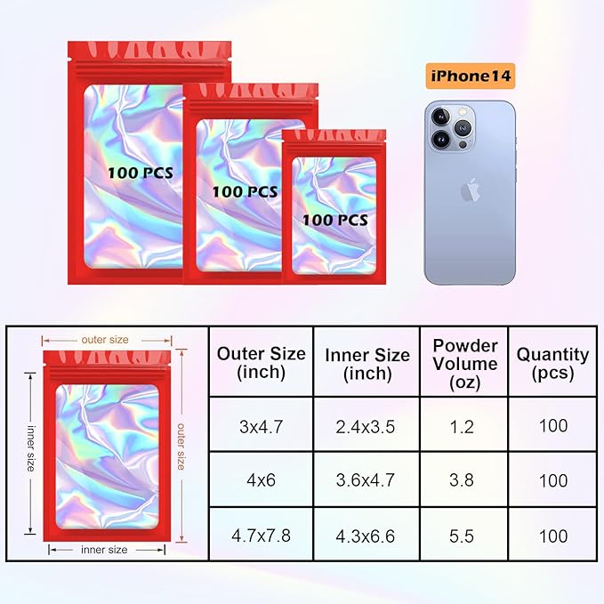 300 Pcs Holographic Mylar Bags, 3 Size Smell Proof Bags with Clear Window Foil Pouch Bags Resealable Bags for Small Business and Food Storage, Red