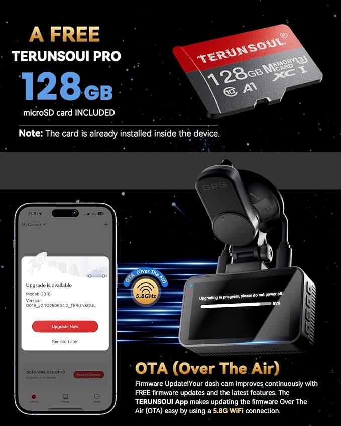 4K+4K Dash Cam Front and Rear, Free 128GB Card Included, 5.8GHz WiFi Dash Camera for Cars, Built-in GPS, G-Sensor, 170°Wide Angle, 3" IPS Screen, 24H Parking Mode, Support 512GB Max