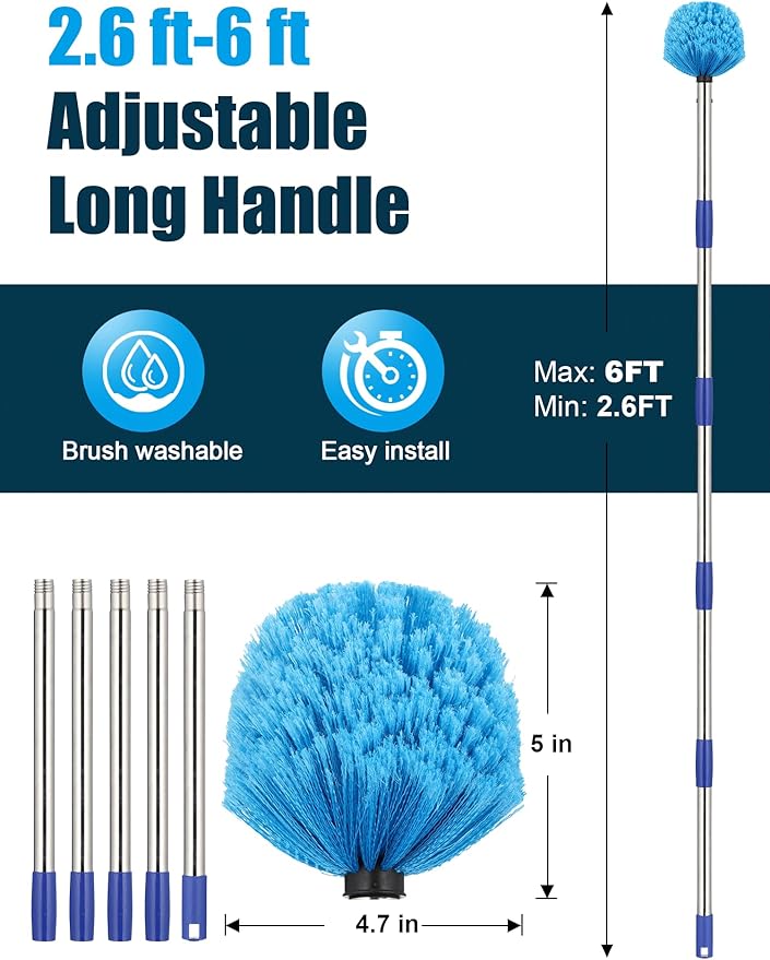 Cobweb Duster with Extension Pole, Outdoor Spider Web Brush with 6 ft Long Handle, Metal Cob Web Remover for High Ceilings Fans Indoor Cleaning, Medium-Stiff Bristles Dust Brush, Lightweight Cleaner