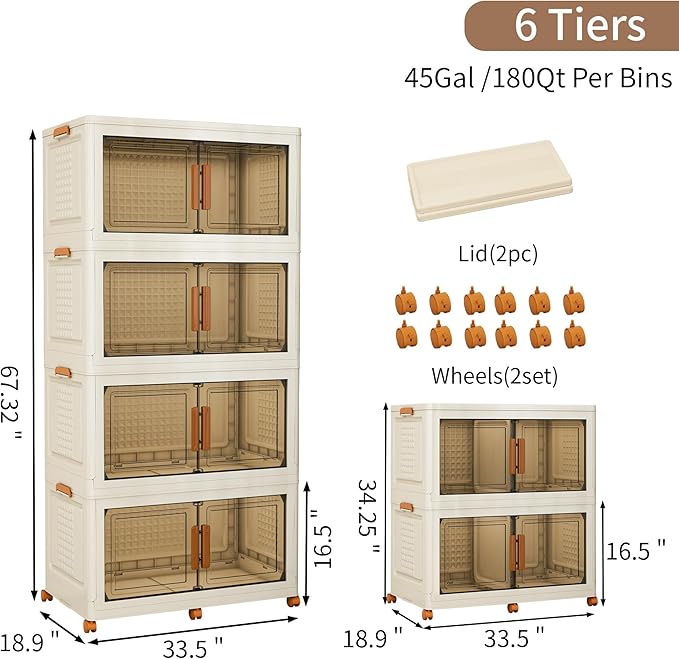 Plastic Stackable Storage Bins with Lids and Wheels, Foldable Closet Organizers and Storage Containers, Collapsible Clear Drawer Storage Cabinet with Doors Ivory White 1080 QT